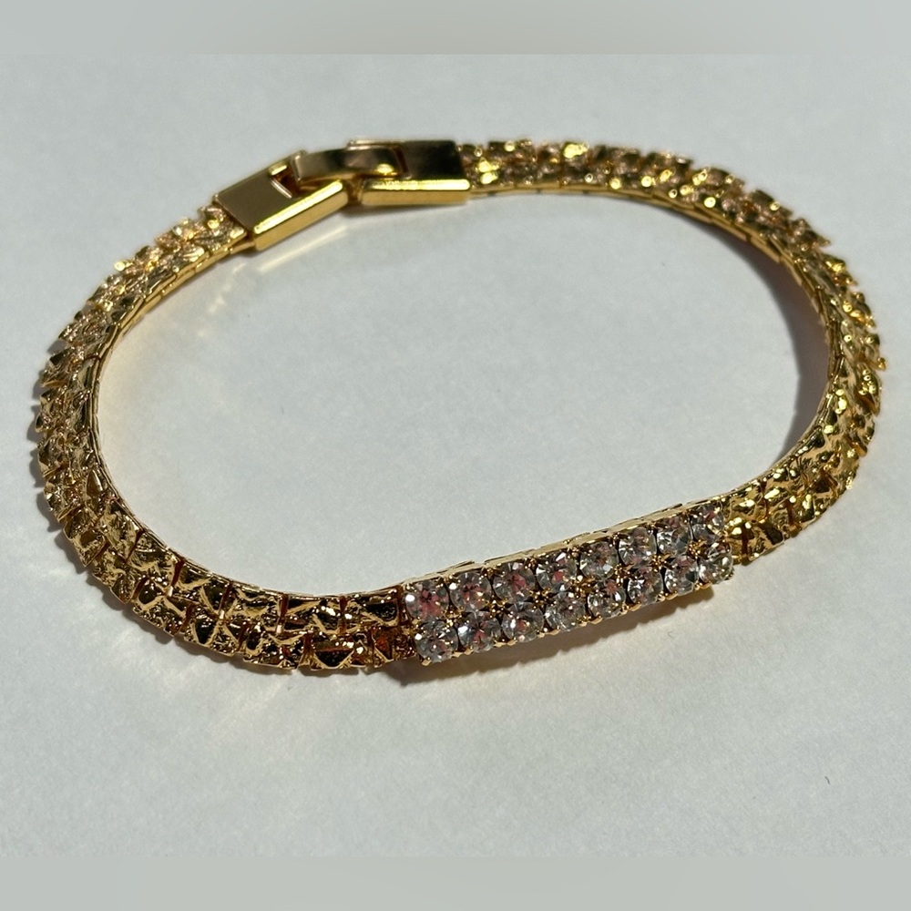 B C Lind 14KGE Nugget Textured Rhinestone Tennis Bracelet McBling Old Money 80s
